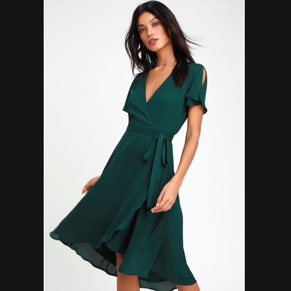 Lulus Rise to the Occasion Emerald Green Midi Wrap Dress